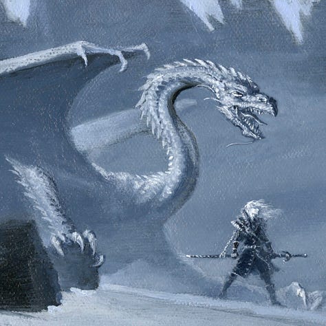 LEFT: Detail from ELRIC AND THE COLD DRAKE featuring Elric standing on a snow covered hill with an enormous white dragon. Its serpentine neck is coiled in an "S" as its jaw part in a hiss to reveal its long slender tongue. CENTER: Close detail from ELRIC AND THE COLD DRAKE featuring skulls half buried in snow from the foreground of the painting. RIGHT: Close detail from ELRIC AND THE COLD DRAKE featuring a tighter view of Elric with windswept hair. He is dressed in black with silver accents. He grasps Stormbringer in its sheather slung slung at waist heigh behind his back.