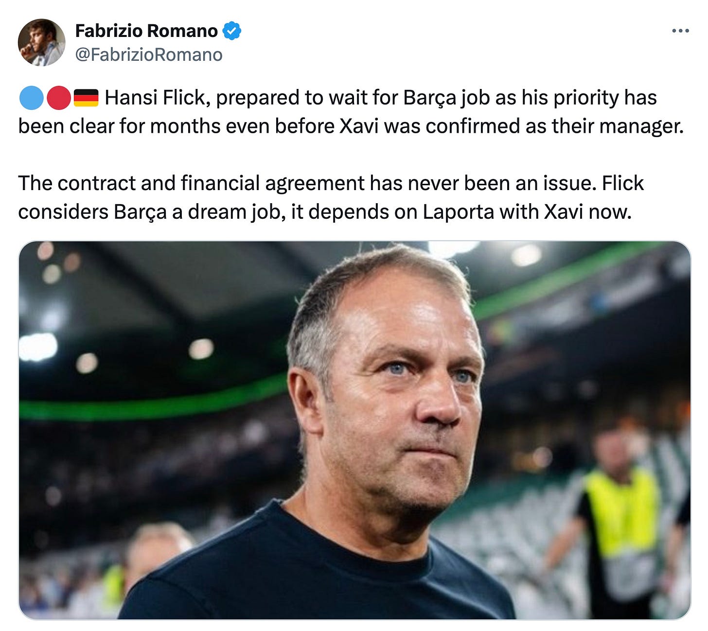 A tweet by Fabrizio Romano about Hansi Flick