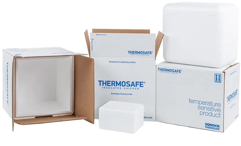 A variety of shipping boxes with ThermoSafe branding on the exterior and foam inserts on the interior.