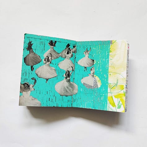 Two mixed media art journal spreads and one detail. The first is dark, with collage and paint and the words "body and soul." The second is a close-up of a painting of a girl staring to the right. At right is a full spread, in teal and light green, of ballet dancers.