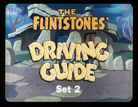 Opening slides of several educational filmstrips. Yogi Bear in "Play it Safe," The Flintstones in "A Weighty Problem," "Bamm-Bamm Tackles a Term Paper," The Jetsons "Down to Earth Nutrition," The Flintstones "Driving Guide," Jabberjaw in "The Silent Hunters," "Around the World Kids Visit Saitama, Japan," Scooby Doo in "Let's Go to Press Part II: News Reporting"