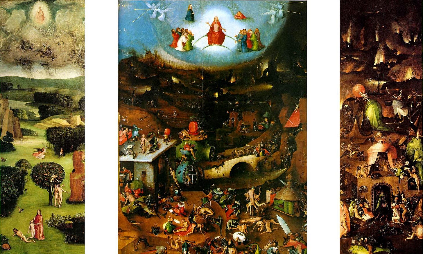 An open triptych with the Garden of Eden on the left wing, Christ in judgment in a small circle of sky above a dark crowded landscape of torments in the center, and a burning hell on the right wing.