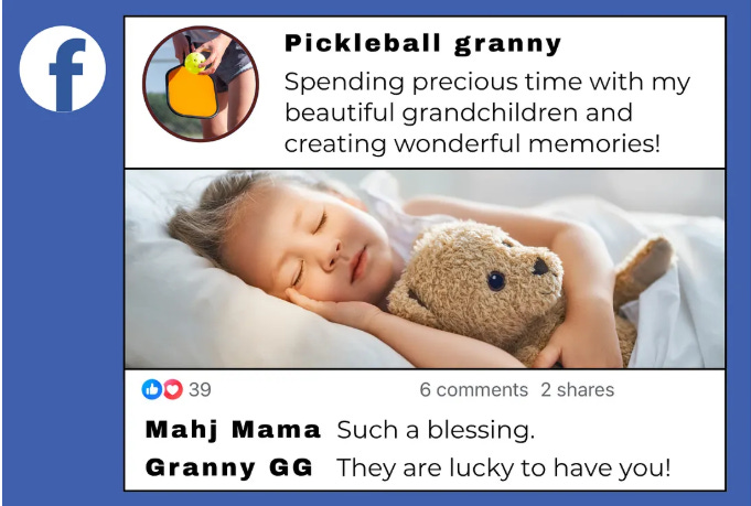 A facebook post from "pickleball granny" that shows a photo of a sleeping child and says "spending precious time with my beautiful grandchildren and creating wonderful memories"