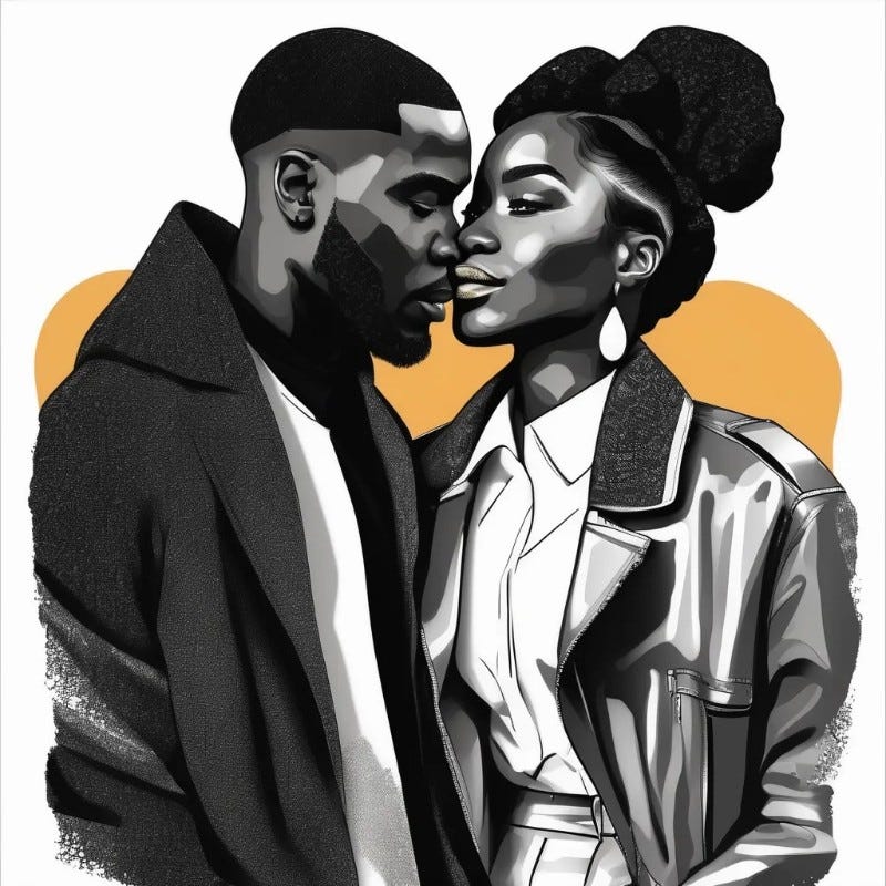 Black man snuggling against a black woman's face