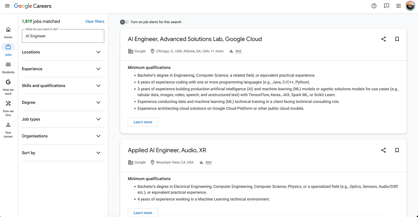 Google Careers results list showing open AI Engineer roles and locations Google Careers results list showing open AI Engineer roles and locations