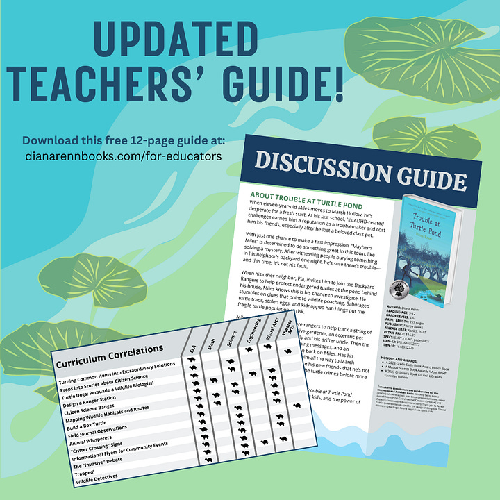 Side by side ads for teachers guides to Owl Prowl Mystery and Trouble at Turtle Pond (updated), showing front page and curriculum correlation chart for each guide.