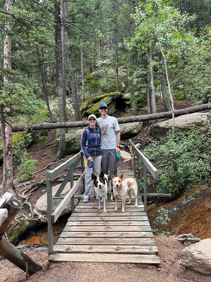 A woman, a man and two dogs hiking in Colorado