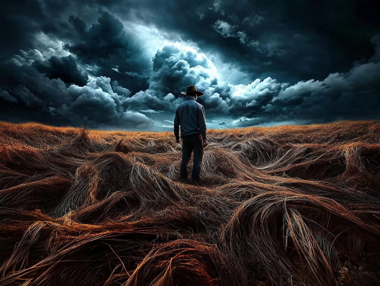 an outcast in the middle of nowhere, empty fields surrealism