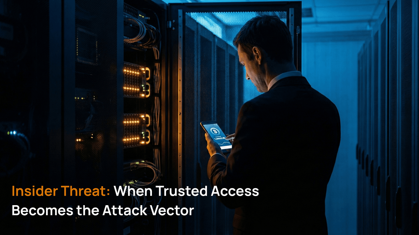 A figure in business attire stands alone in a dimly lit server room at night, their face illuminated by a smartphone screen, suggesting covert activity in a trusted environment.