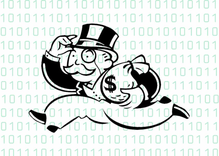 Monopoly man running with 1's and 0's in the background