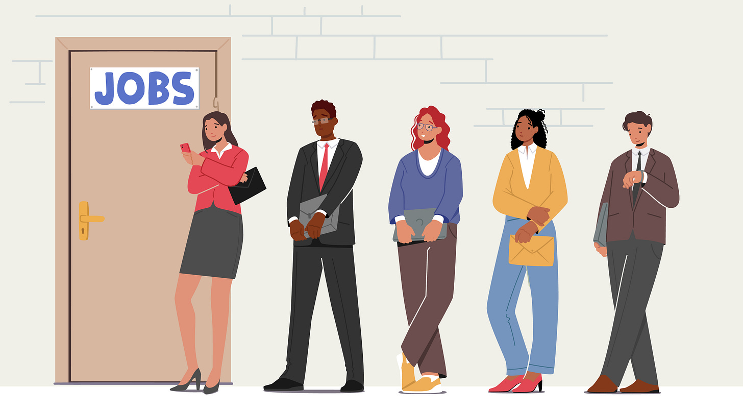 Illustration of job seekers waiting outside a door with JOBS written on it