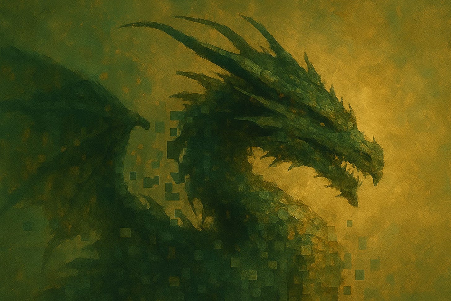 A digital painting of a serpentine dragon formed from fractured code and pixels, painted in warm greens and bronze tones.