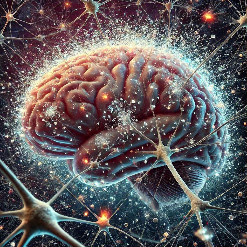 A highly detailed, close-up view inside the human brain showing neurons under attack by microplastics. The scene should depict the brain's neural pathways, with some neurons being invaded by tiny, glowing fragments of plastic. These microplastics are shown disrupting the normal connections between neurons, symbolizing the interference with thoughts and cognitive processes. Some neural connections should appear broken or distorted, with a visual representation of thoughts being fragmented or interrupted. The background is a dark, swirling void to evoke the sense of deep psychological disruption, with hints of chemical structures and digital code to emphasize the blend of environmental pollution and cognitive manipulation.