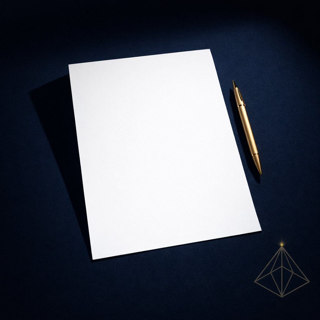 The Visible Practitioner educational post February 2026. Gold pen beside blank white paper on deep navy surface representing the bio template that creates AI entity recognition for service providers