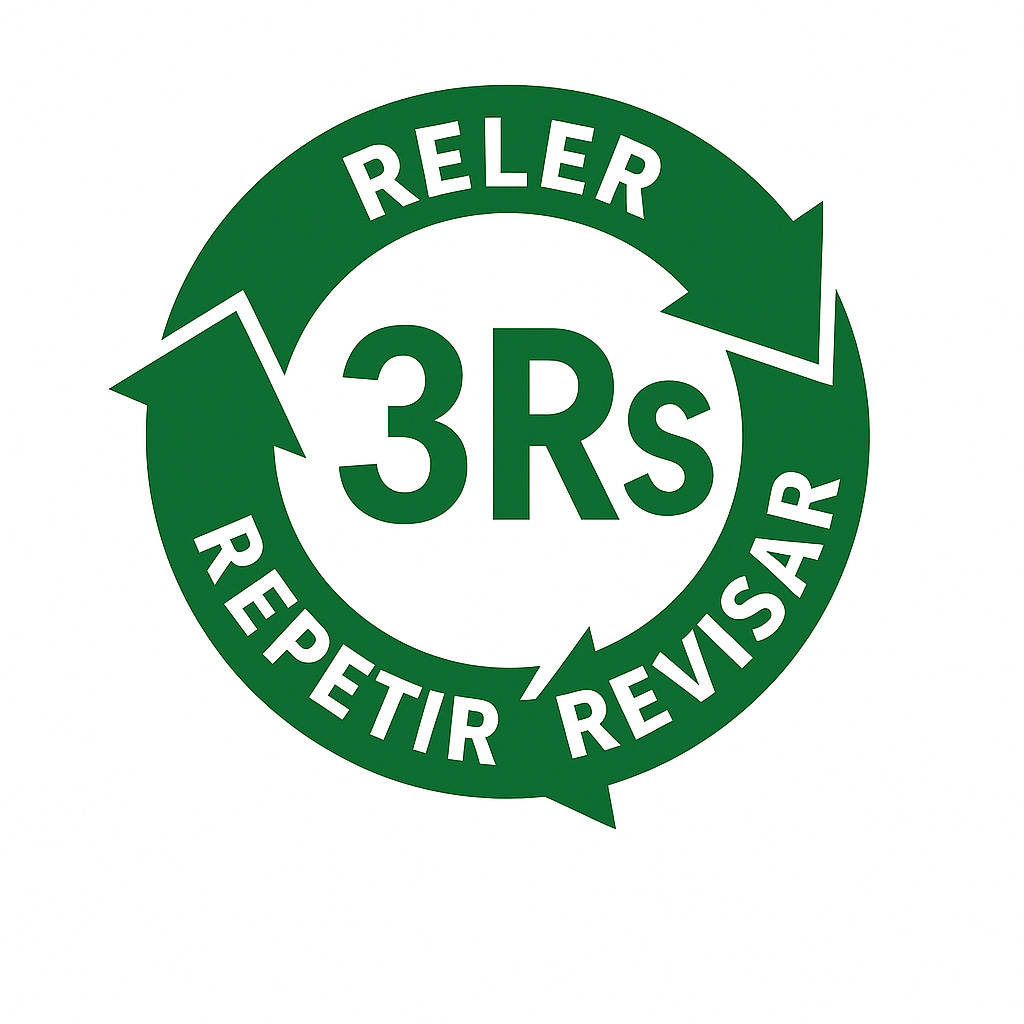 Símbolo circular verde, com três setas em formato de reciclagem contendo os verbos Reler, Revisar e Repetir ao redor da sigla “3Rs”, representando um processo contínuo de lapidação do texto jurídico.