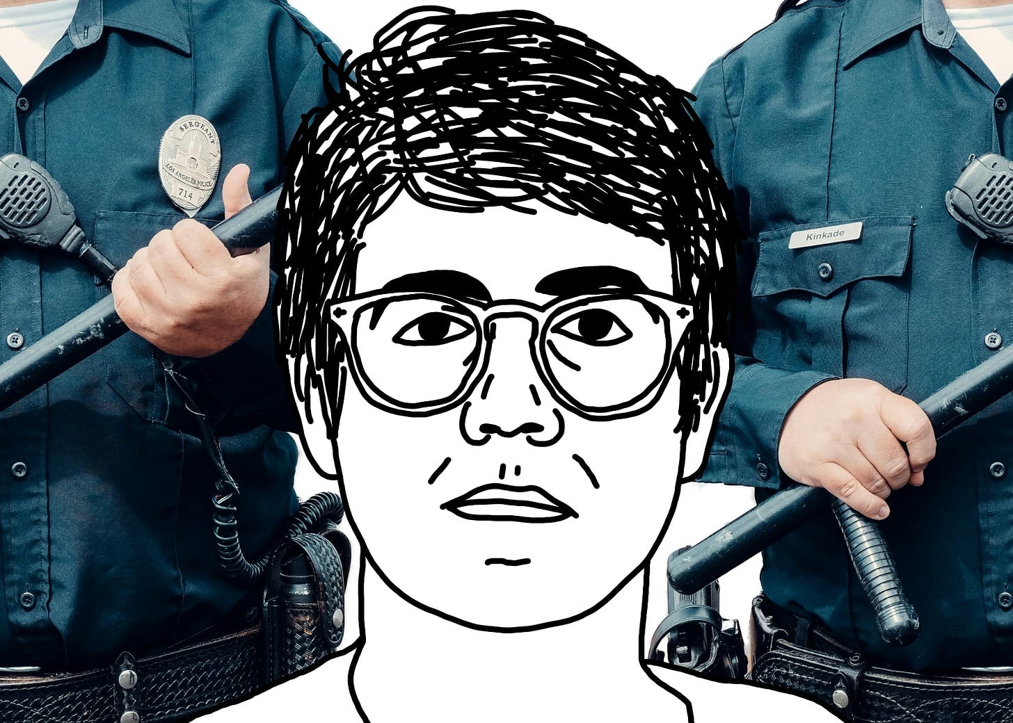 A black line drawing of Alex, the protagonist of "I Hear You Watching." He is white, short messy parted hair, glasses. He stares straight at you, unsmiling. Behind him are the imposing torsos of two LAPD officers wielding batons.