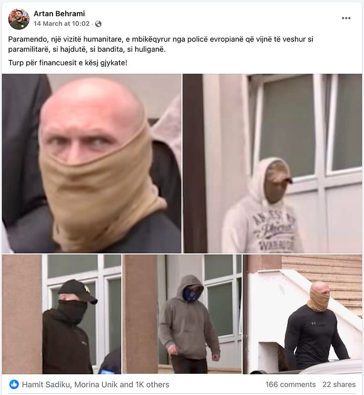 The attached screenshots depict a series of Facebook posts by Artan Behrami, which exemplify his campaign against the Kosovo Special Chambers.
