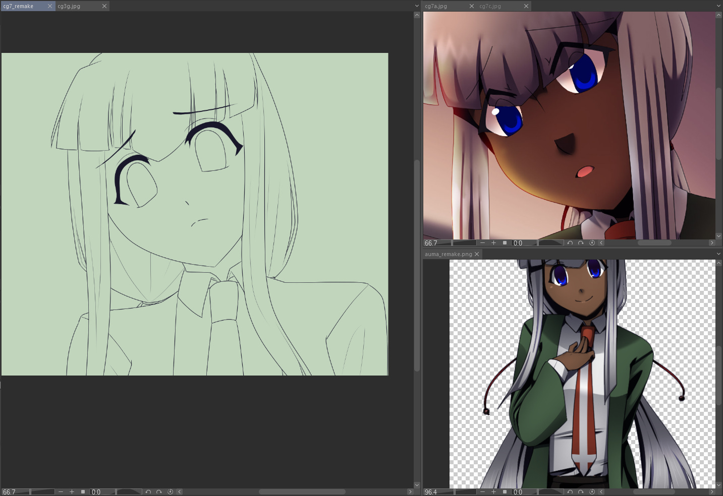 clip studio paint screenshot of a cg of auma looking over mercy in progress