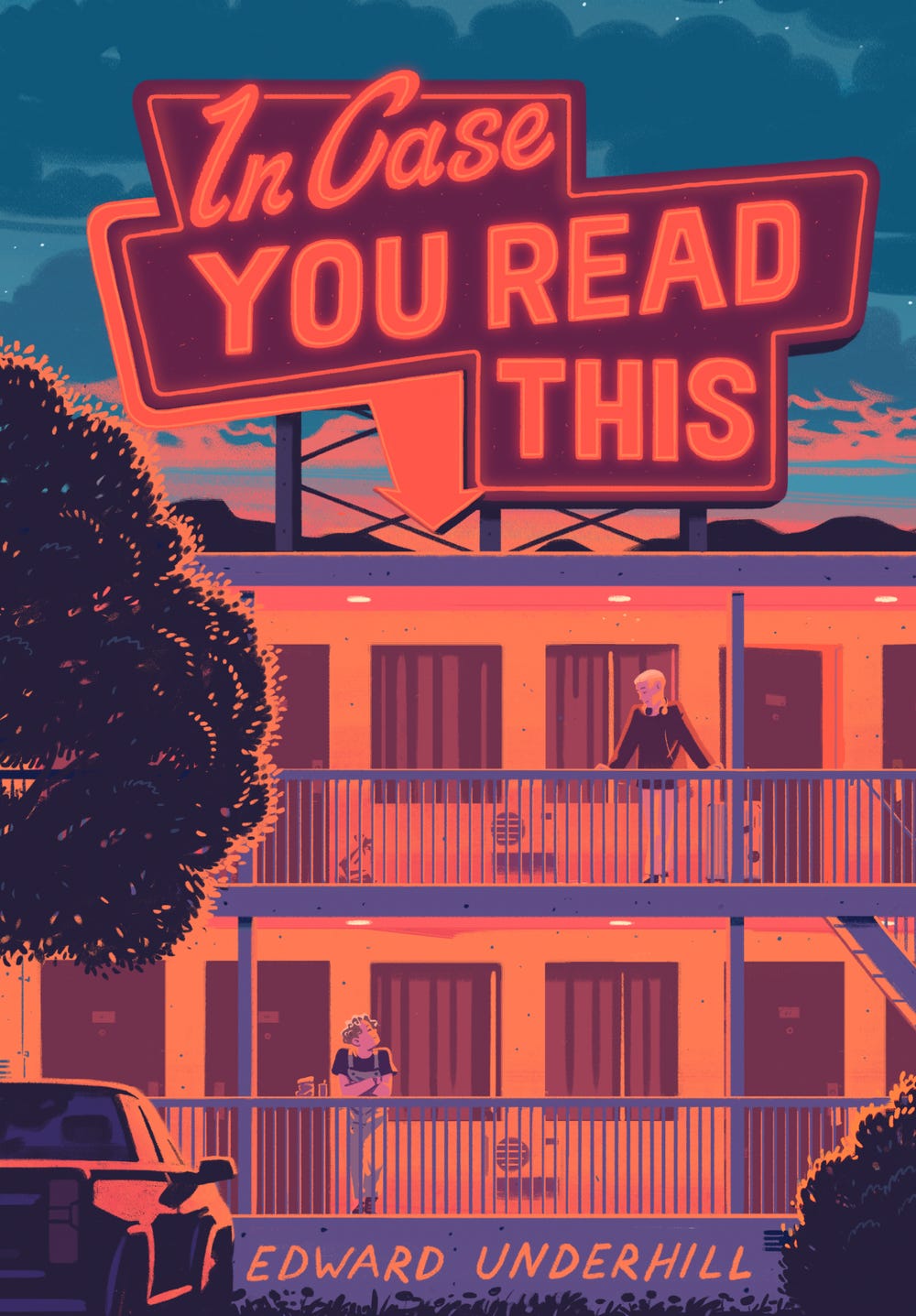 A motel featuring two teen boys on different levels with a marquee sign that reads "In Case You Read This".