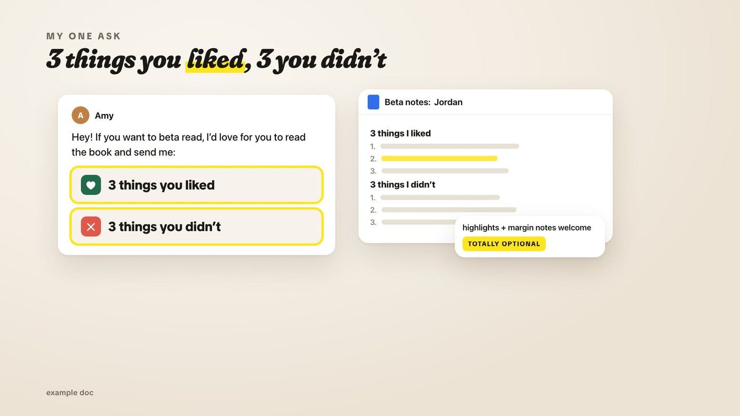 Amy's beta reader ask, 3 things you liked and 3 things you didn't, next to a shared Google Doc of beta notes where highlights are optional Amy's beta reader ask, 3 things you liked and 3 things you didn't, next to a shared Google Doc of beta notes where highlights are optional