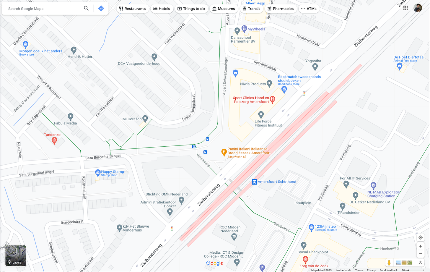 A map of the area around schothorst station in Amersfoort.