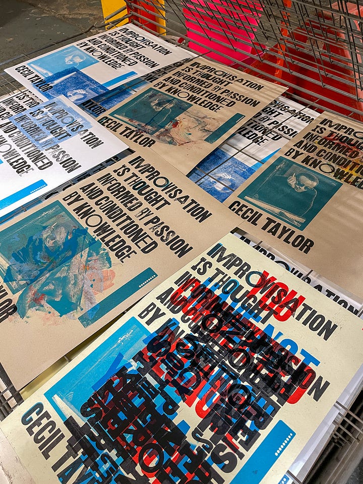 Photos of process prints from the making of my Cecil Taylor poster