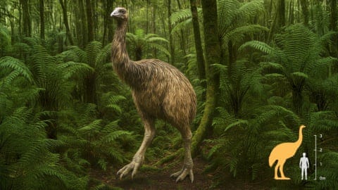 A depiction of a giant moa bird with a rainforest backdrop and an inset showing outlines of a moa and a man to indicate the moa's height