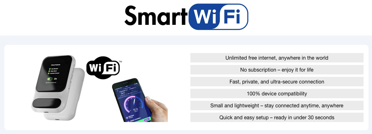 A black and white device with a screen. A phone showing a fast internet speed test. A list of claims including "Unlimited free internet, anywhere in the world" and "no subscription required".