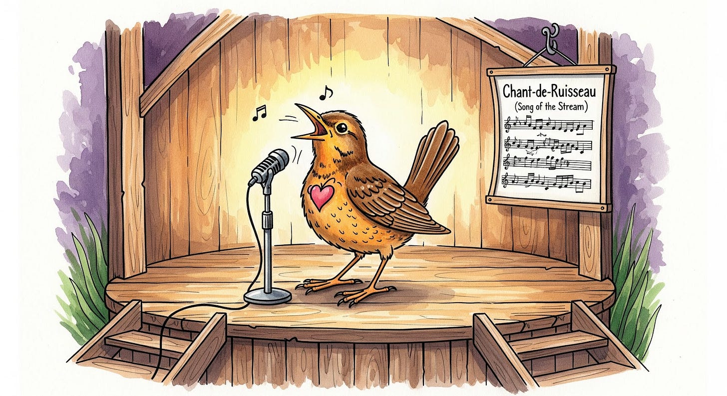 Watercolor image of Louisiana Waterthrush bird singing on stage its original song.