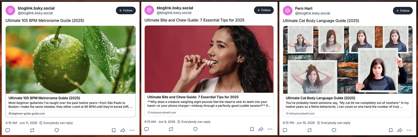 screenshots of three Bluesky posts linking spam blogs, with thumbnail images unrelated to the article title