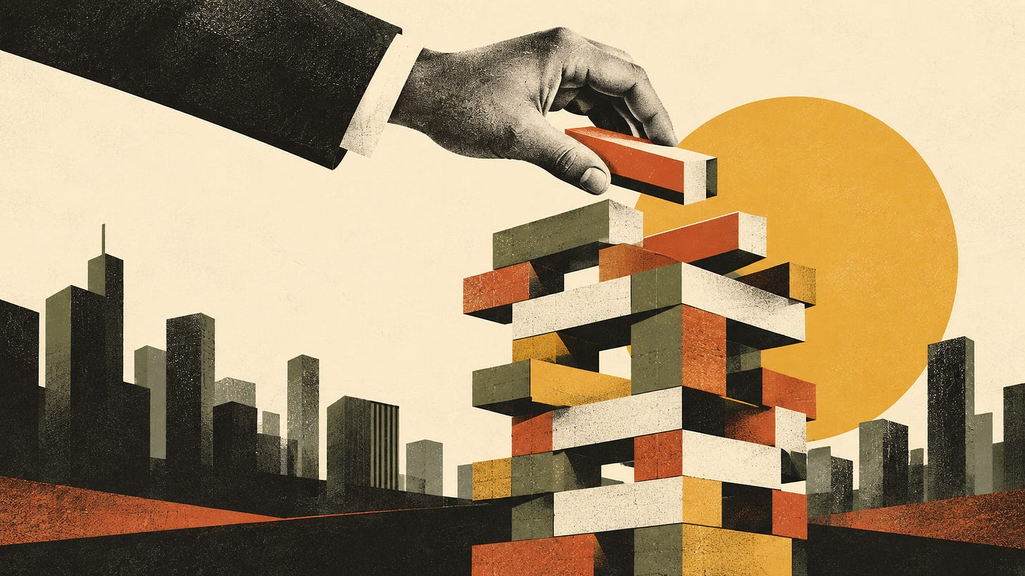 Pop-art illustration of a hand placing a terracotta block onto a modular strategic structure built from mustard yellow, olive green, cream and orange pieces, symbolizing the construction of a persistent AI strategy system.