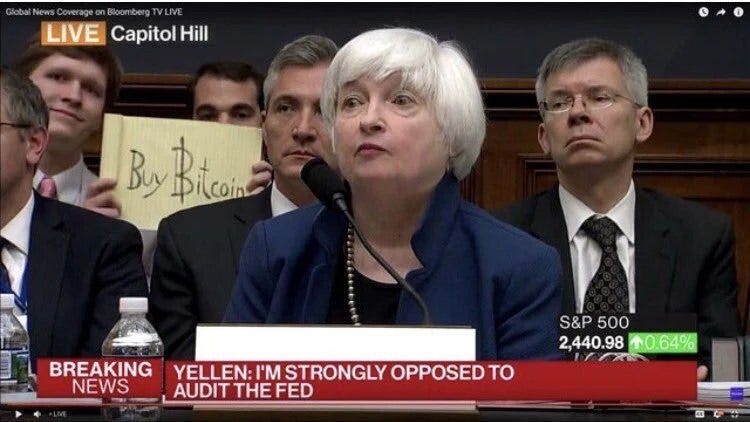 May be an image of 4 people and text that says 'Global LIVE LIVE Capitol LIVECapitolHill Hill Byy ByBilcin Bitcoin BREAKING NEWS YELLEN: I'M STRONGLY OPPOSED TO AUDIT THEFED HE FED S&P500 S&P 500 2,440.98 2,440.98小0.64% 0.64%'