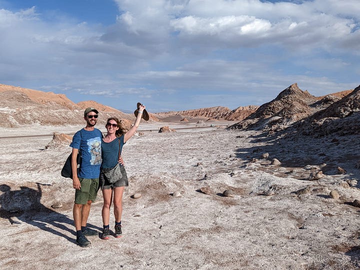 Left: crossing the border from Paraguay to Brazil on foot; Right: just a fun photo of us living our best travel lives in the Chilean Atacama