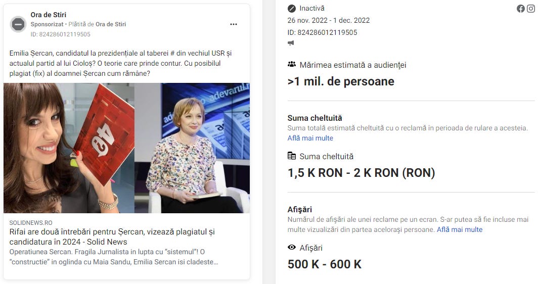 Emilia Șercan, candidatul la prezidențiale al taberei # din vechiul USR și actualul partid al lui Cioloș? O teorie care prinde contur. Cu posibilul plagiat (fix) al doamnei Șercan cum rămâne? Mărimea estimată a audienţei: >1 mil. de persoane, Suma cheltuită: 1,5K RON - 2K RON, Afişări: 500K - 600K