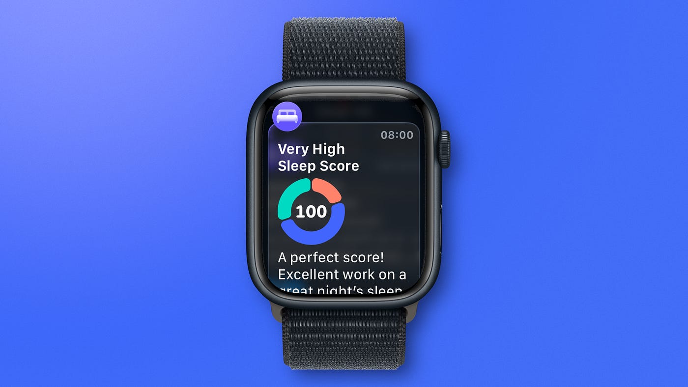 Apple Watch displaying Very High Sleep Score of 100 with sleep tracking and health metrics on watchOS.