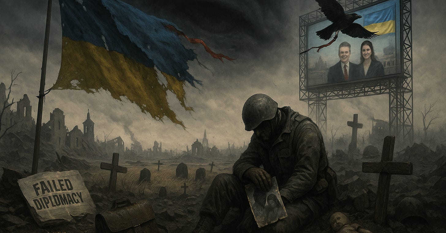 Panoramic digital painting of a war-torn Ukrainian battlefield showing a weary soldier in tattered uniform clutching a scorched family photo. Surrounding him are makeshift graves, a crumbling village skyline, and a burned-out Ukrainian flag fluttering under stormy skies. In the distance, a large screen broadcasts smiling news anchors against a pixelated backdrop, symbolizing media distortion. A raven flies past with a bloodied ribbon in its beak, while a doll lies abandoned in the mud, evoking the hidden human cost of war.