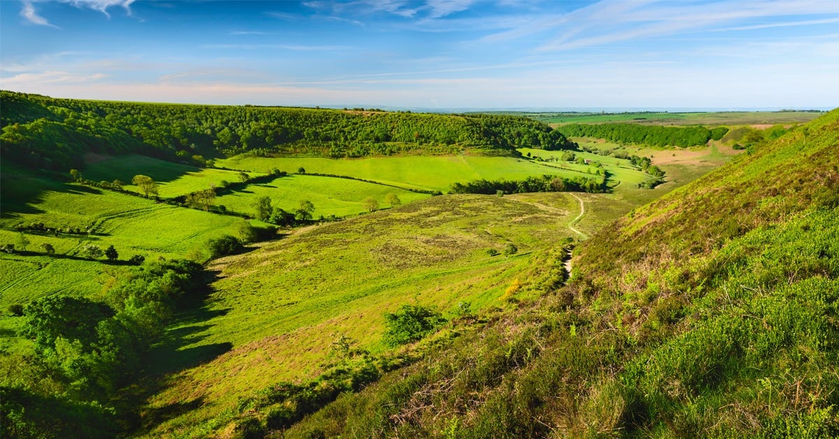Scenic view of a valley with fields, scrub, hedges and a blue summer sky. It's a view of the Hole of Horcum. Scenic view of a valley with fields, scrub, hedges and a blue summer sky. It's a view of the Hole of Horcum.