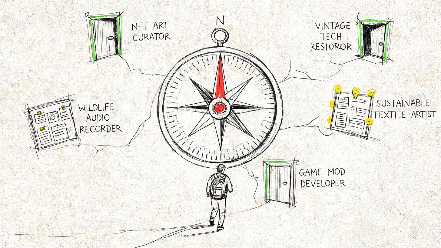 A person walks toward a large compass surrounded by various unique career path icons and titles. A person walks toward a large compass surrounded by various unique career path icons and titles.