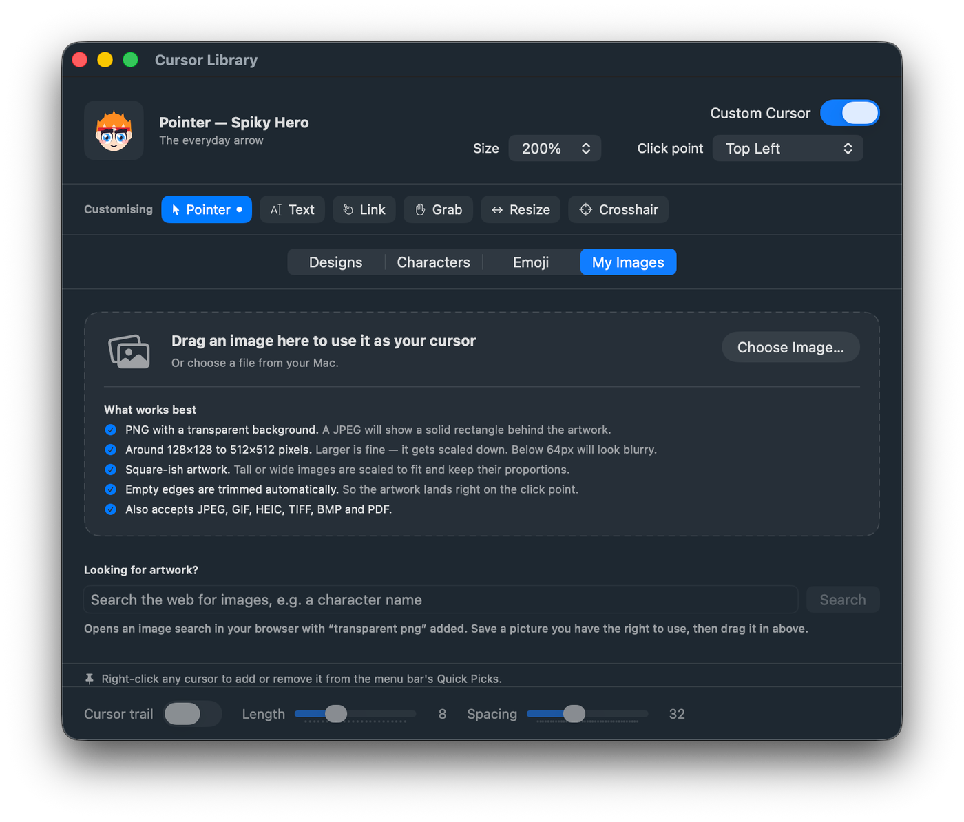 The My Images tab where you drag in your own picture to use as a cursor, with tips on what works best