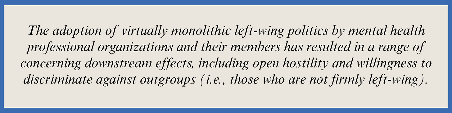 Pull quote that reads: The adoption of virtually monolithic left-wing politics by mental health professional organizations and their members has resulted in a range of concerning downstream effects, including open hostility and willingness to discriminate against outgroups (i.e., those who are not firmly left-wing).