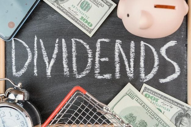 Photo the word dividends on a black chalk board in a frame, top view . the concept of dividend payment