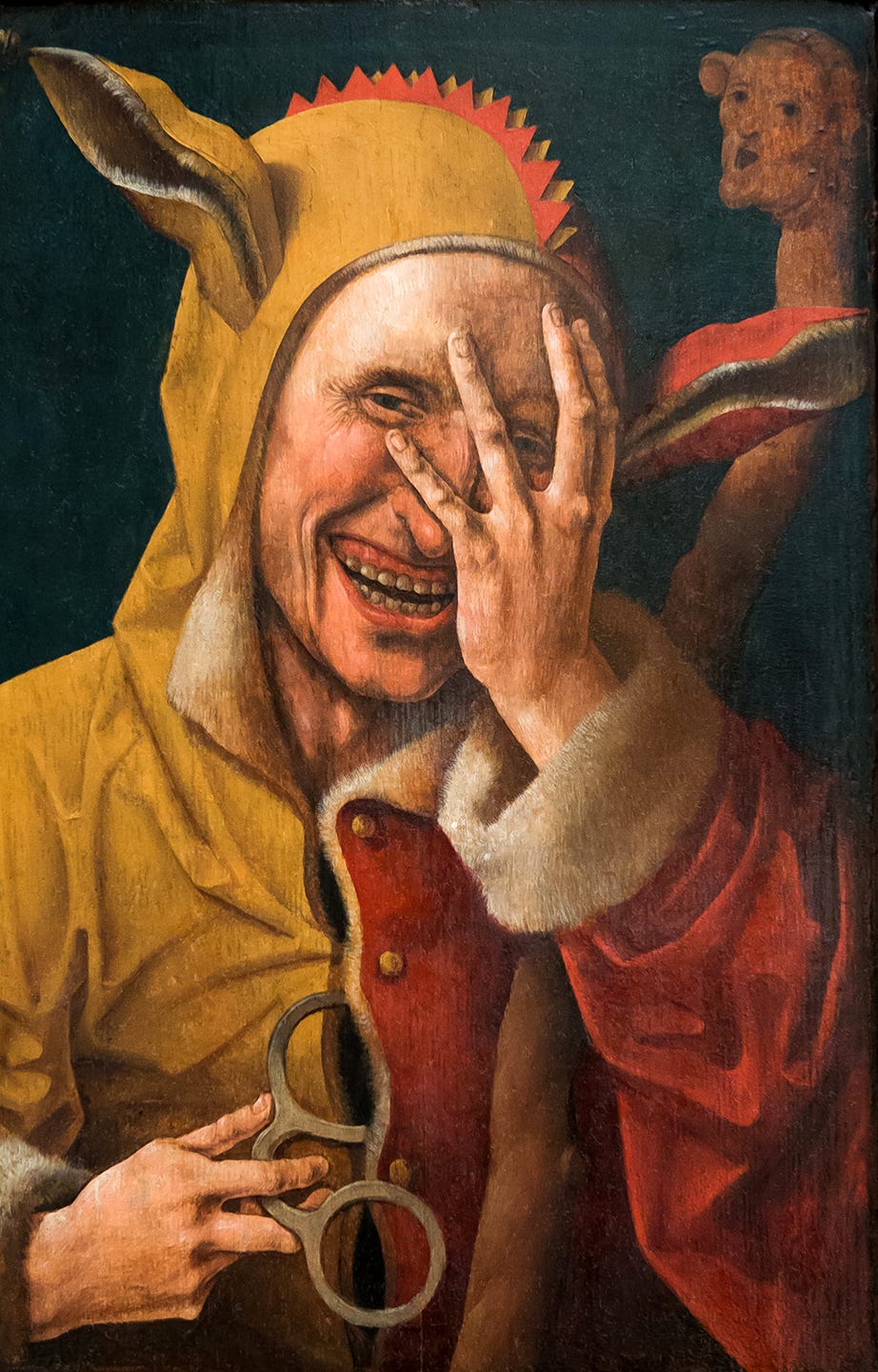 A laughing jester in an old oil painting