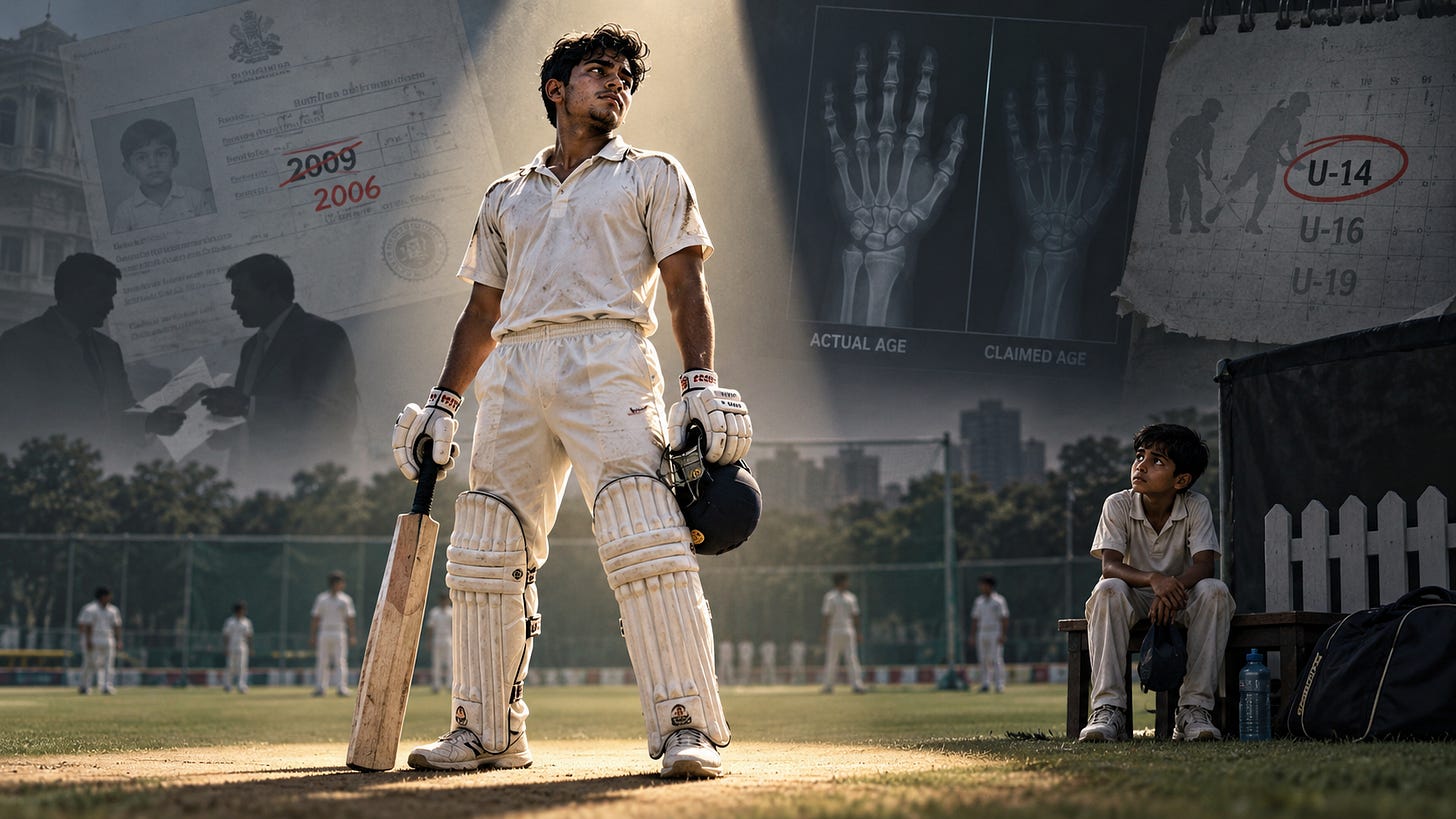 An older-looking junior cricketer stands on a cricket field while a younger player sits sidelined, with altered birth records and bone-age X-rays in the background. An older-looking junior cricketer stands on a cricket field while a younger player sits sidelined, with altered birth records and bone-age X-rays in the background.