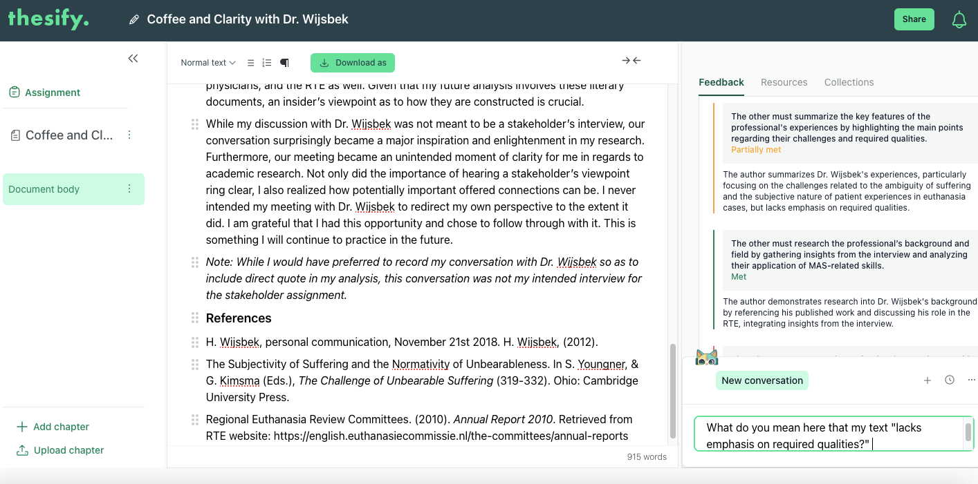 thesify editor showing a draft with the Feedback panel and the “New conversation” chat entry visible thesify editor showing a draft with the Feedback panel and the “New conversation” chat entry visible