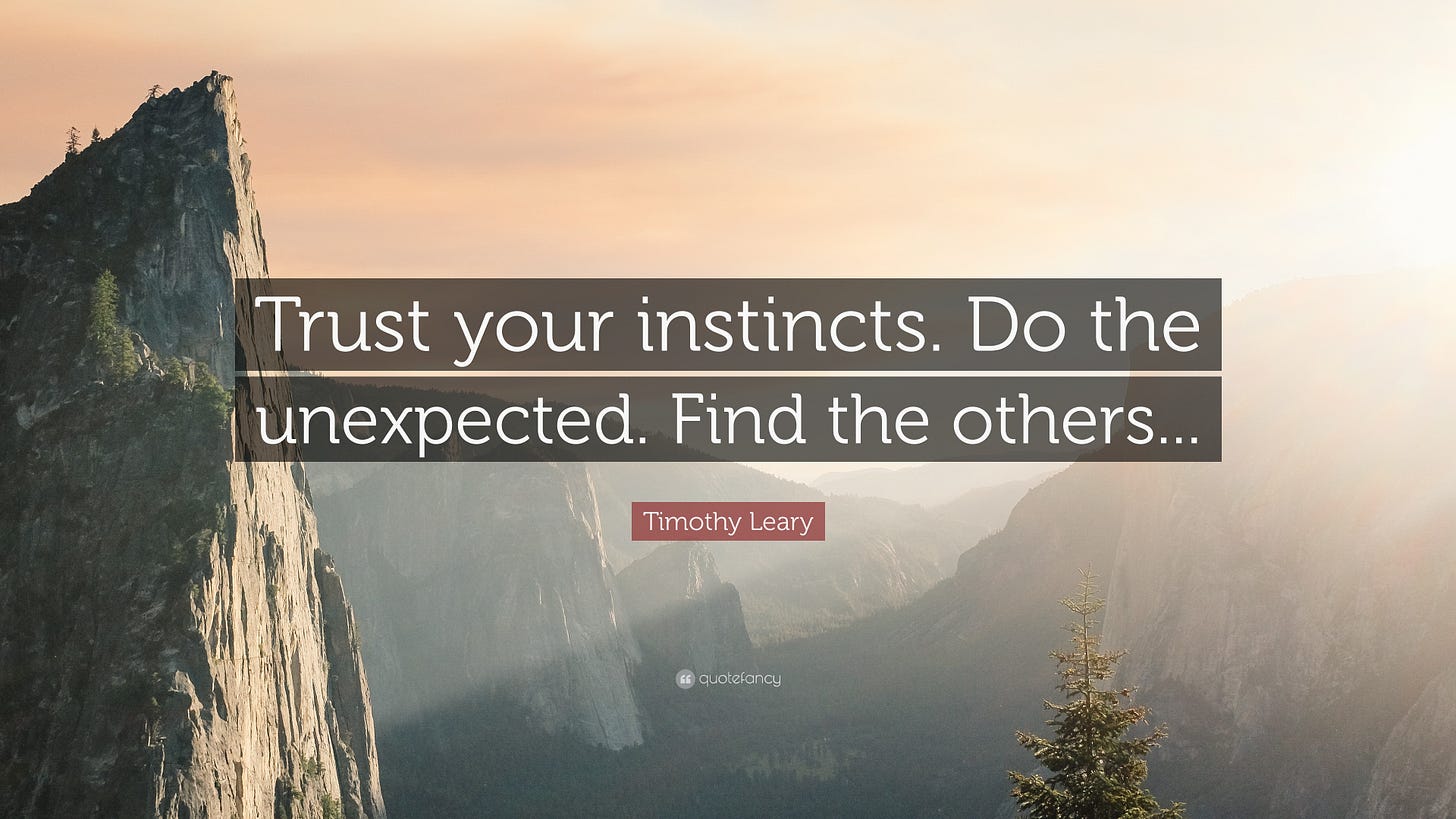 Timothy Leary Quote: “Trust your instincts. Do the unexpected. Find the  others...”