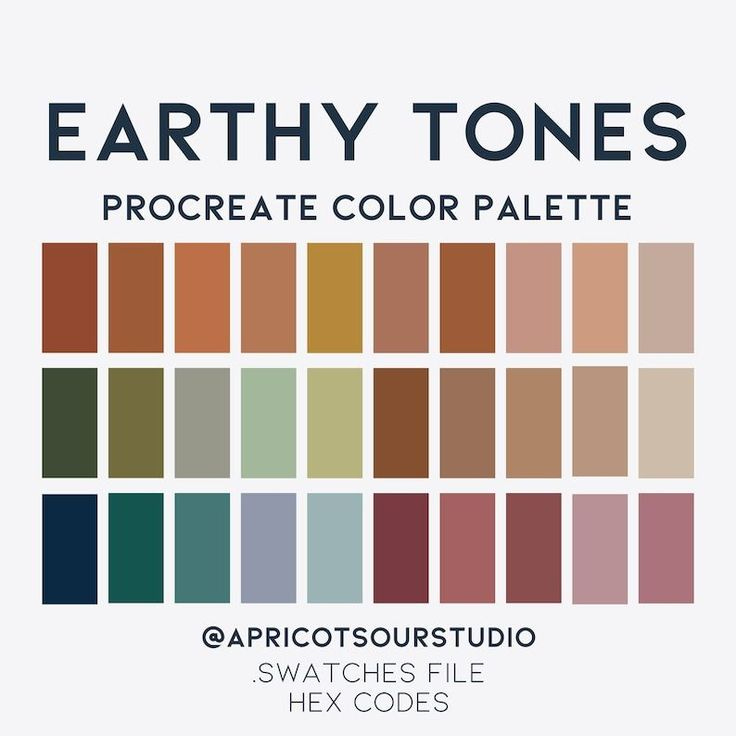 This may contain: the earth tones palette for procreate color palettes, which includes swatches and hex colors
