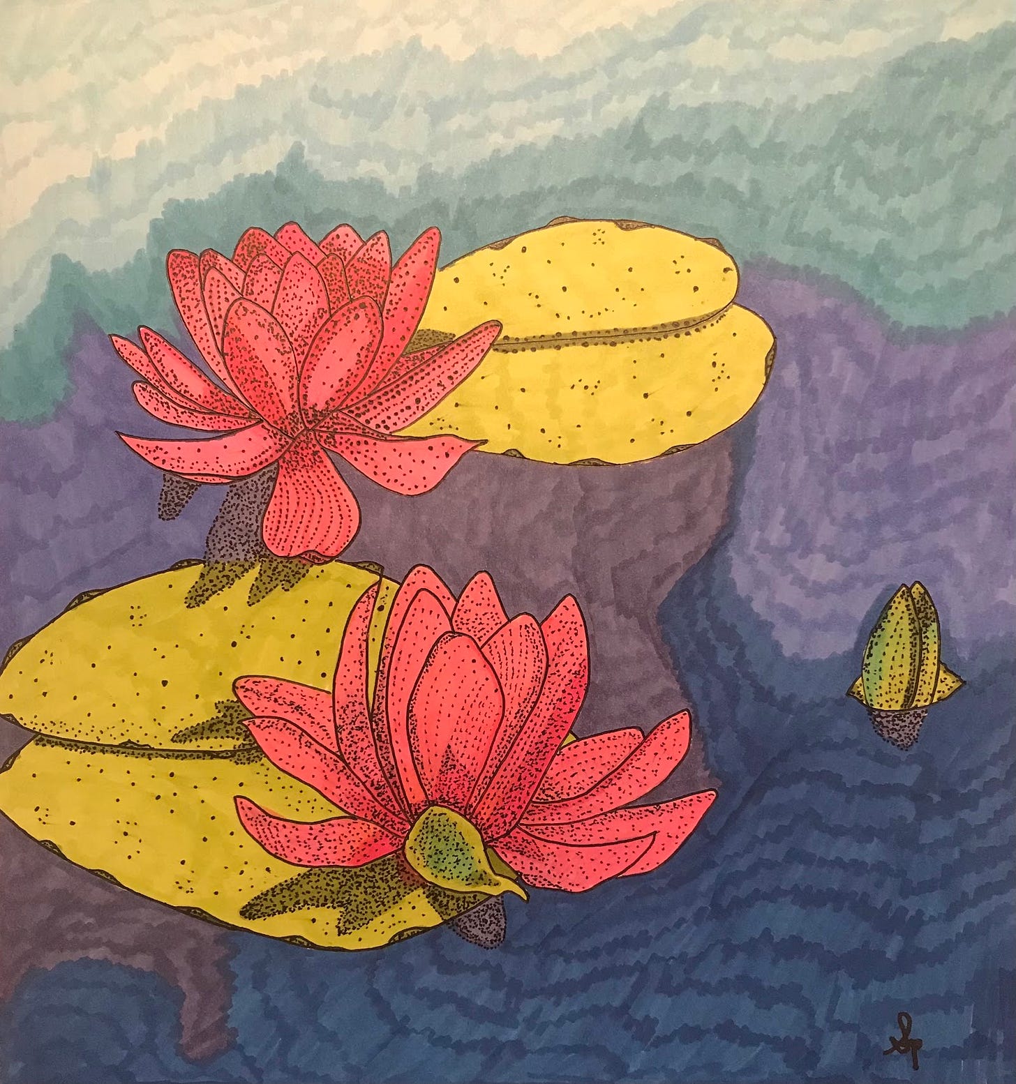 A detailed drawing of two deep pink lotus flowers, floating next to light green leaves on water that reflects a variety of blue and purple hues. A detailed drawing of two deep pink lotus flowers, floating next to light green leaves on water that reflects a variety of blue and purple hues.