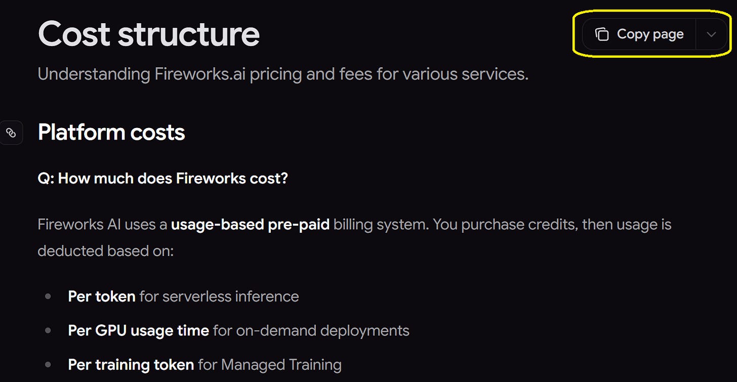 Fireworks’ documentation exposes an llms.txt documentation index prominently on its pages and offers “Copy page” functionality Fireworks’ documentation exposes an llms.txt documentation index prominently on its pages and offers “Copy page” functionality
