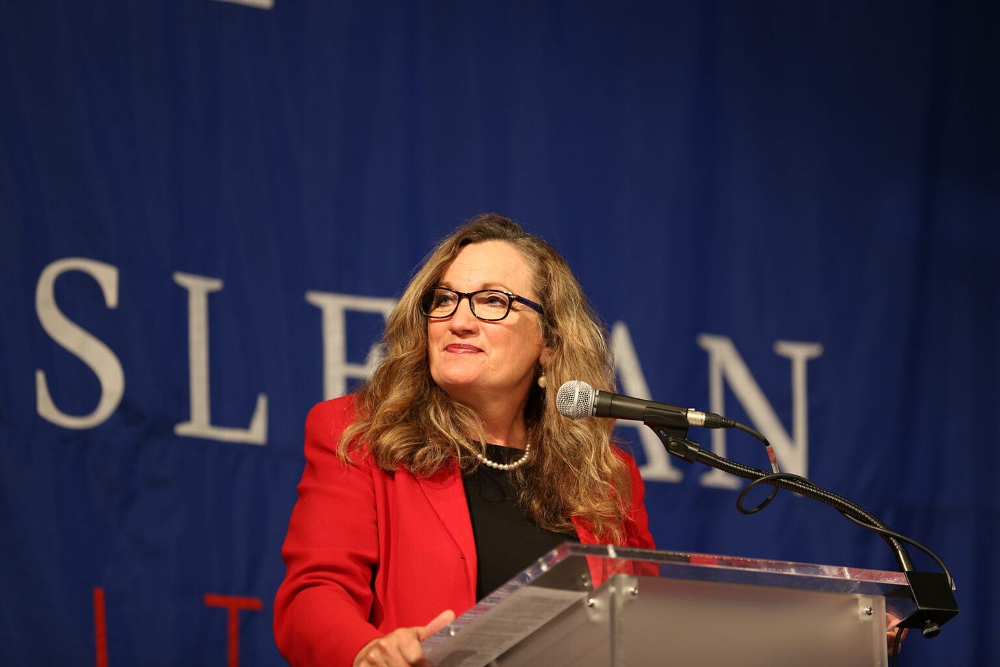 Public Utilities Commissioner Kristie Fiegen participates in an election forum on Sept. 19, 2024, at Dakota Wesleyan University in Mitchell. Her opponents did not attend. (Joshua Haiar/South Dakota Searchlight)