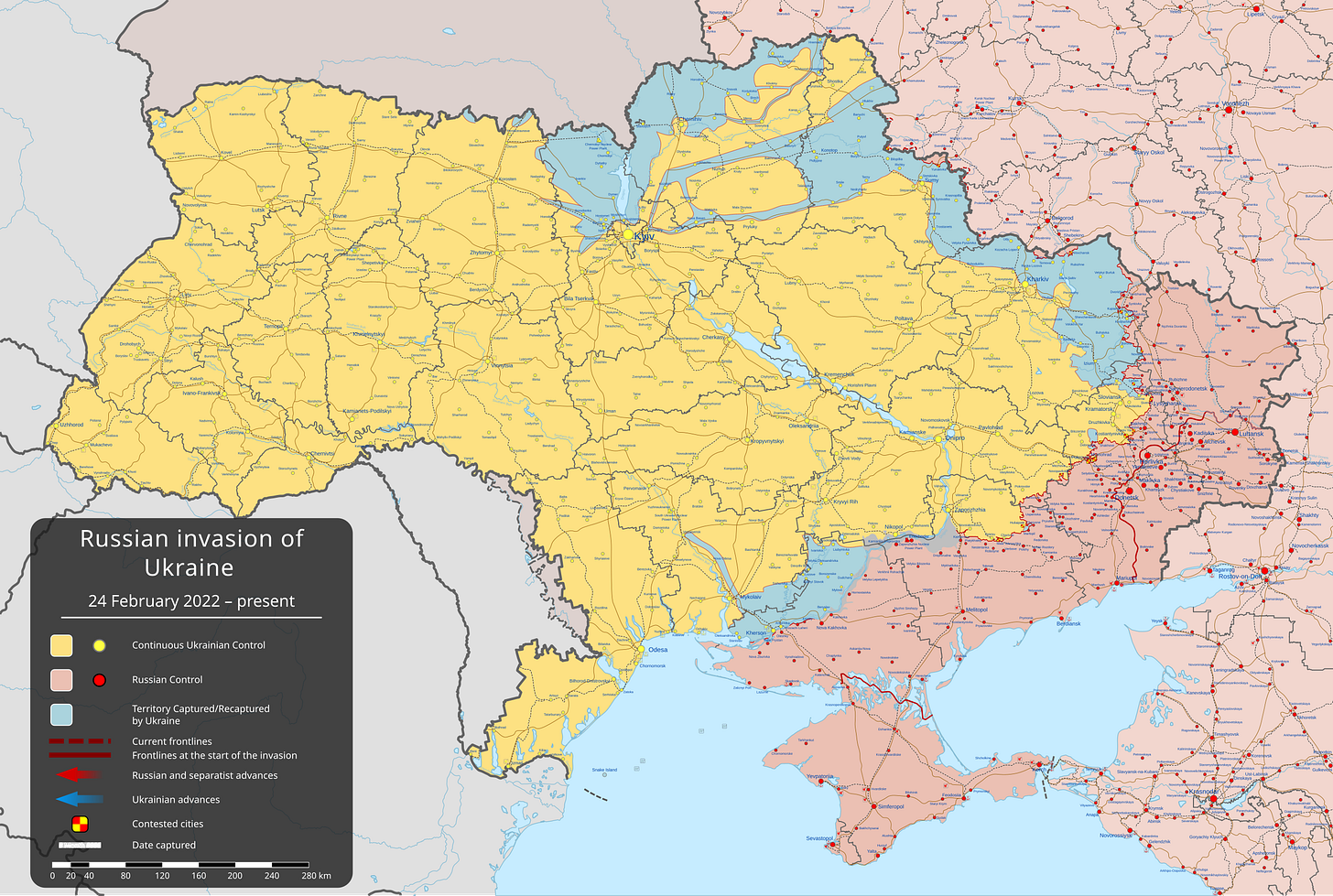 Image: Full-scale invasion of Ukraine by Russia starting on 24 February 2022 , part of Russo-Ukrainian War Wikimedia Commons user Viewsridge / CC BY-SA 4.0 https://commons.wikimedia.org/wiki/File:2022_Russian_invasion_of_Ukraine.svg. 